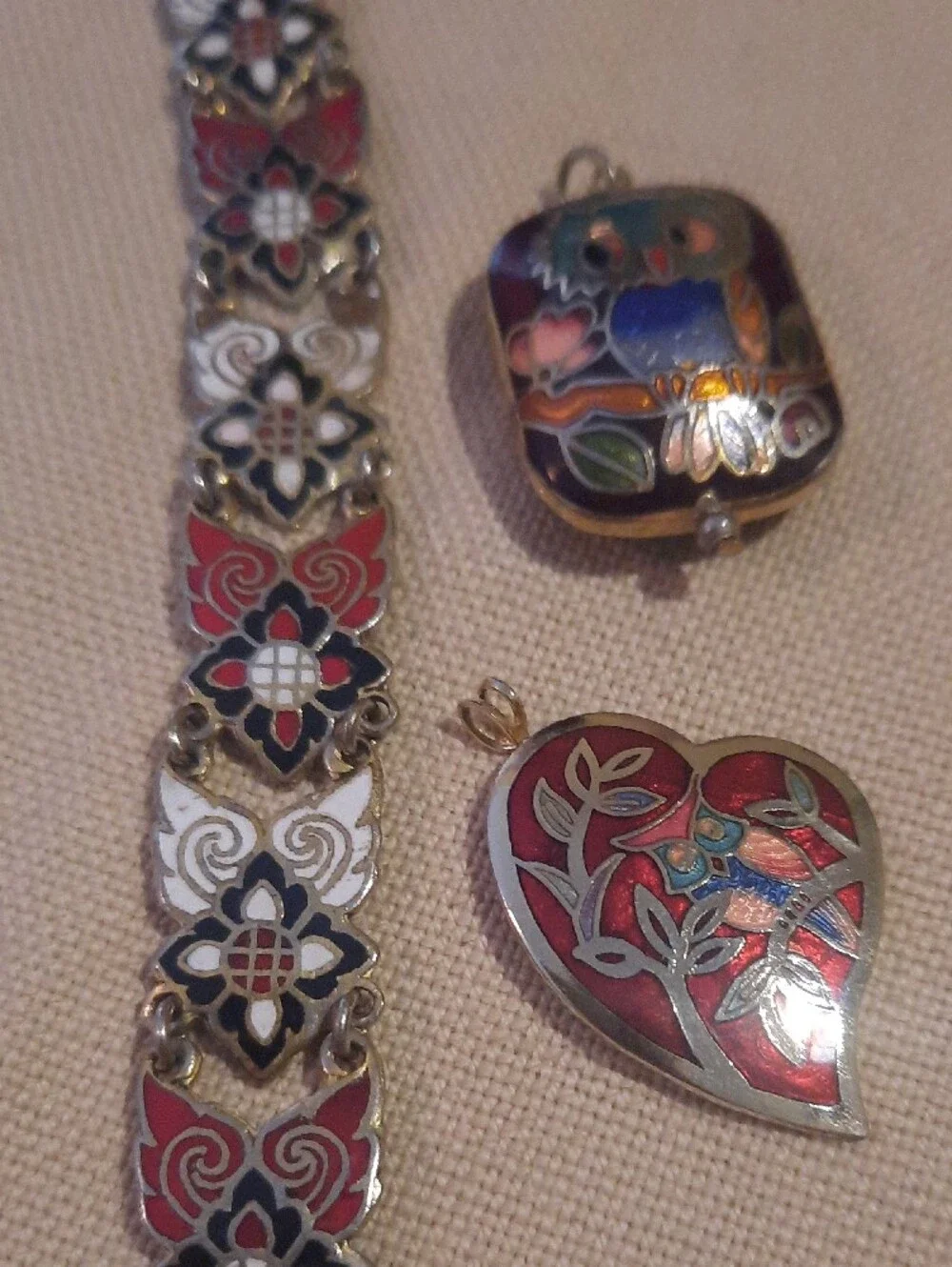 Red and White Floral Enamel Bracelet with Red Owl and Heart Enamel Pendants
